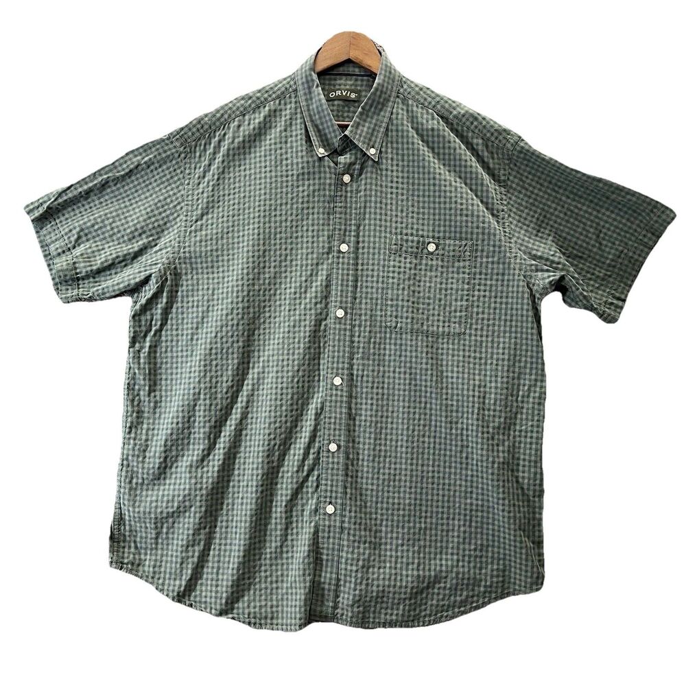 ORVIS MENS 2X SHORT SLEEVE BUTTON UP GREEN GINGHAM CHECK COTTON Big & Tall